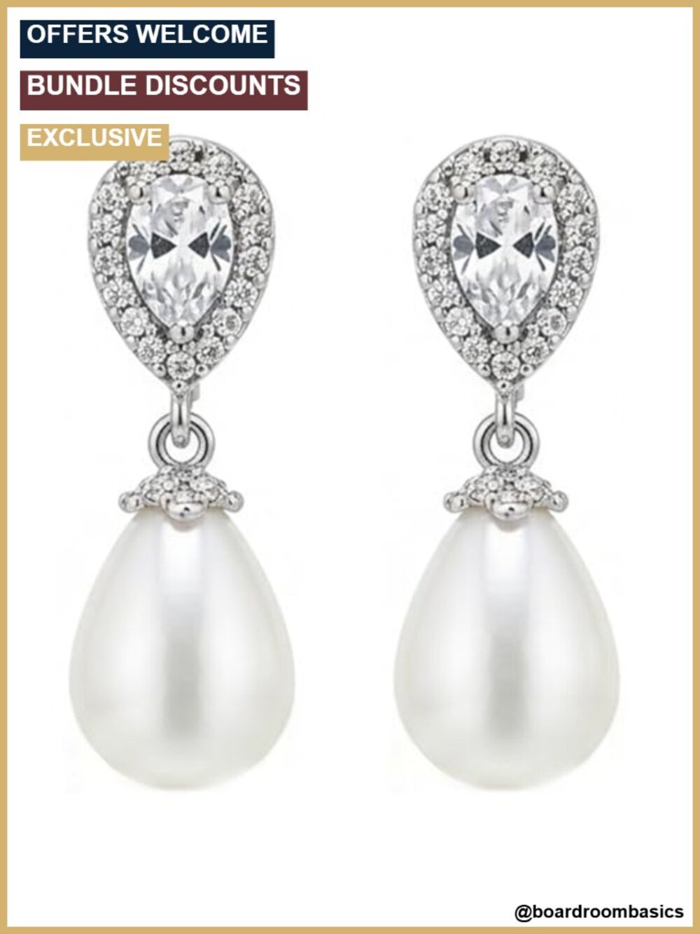 Pearl & Cubic Zirconia Bridal Drop Earrings 1.25" Rhodium Plated Gift